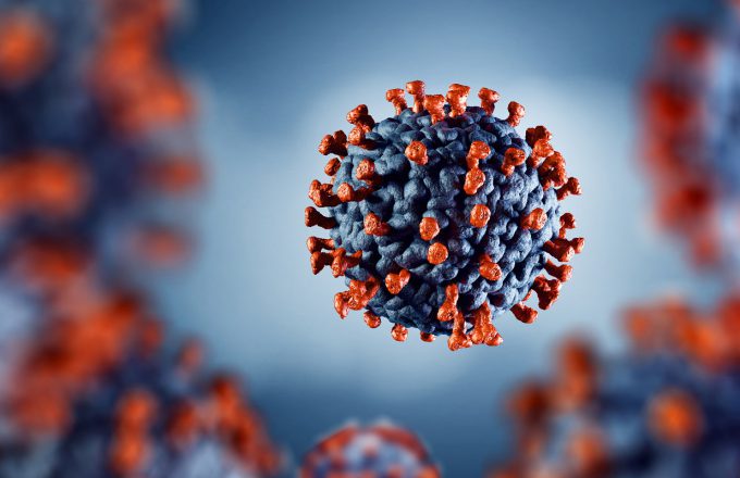 3D illustration of corona virus coronavirus COVID-2019 in microscope