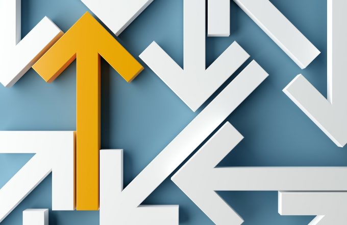 Many arrows pointing in different directions with one arrow showing direction over blue background, solution, strategy, plan or success concept, 3D illustration
