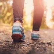 Woman's legs hiking in the forest in summer.