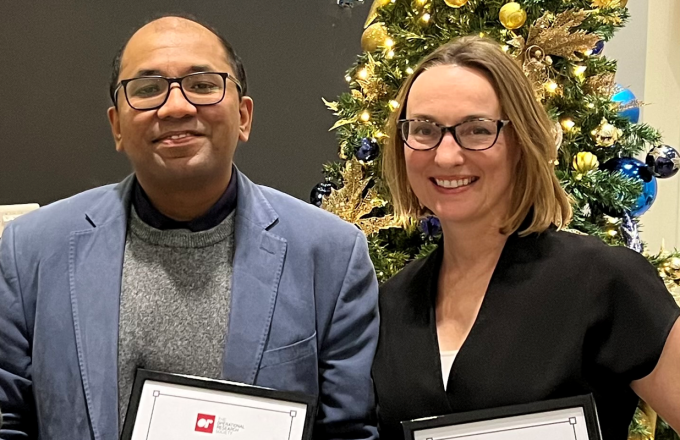 Professor Navonil Mustafee and Dr Alison Harper receive the Lyn Thomas Impact Medal