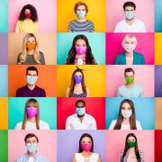 Collage of people wearing facemasks in front of colourful backgrounds.