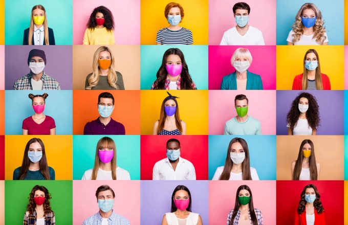 Collage of people wearing facemasks in front of colourful backgrounds.