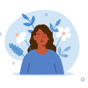 Illustration. Happy woman feeling comfortable and relaxed. Floral imagery. Bubbles.