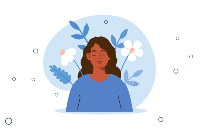 Illustration. Happy woman feeling comfortable and relaxed. Floral imagery. Bubbles.