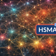 Abstract representation of data using colour neurones. In the centre a simple navy blue logo stating: HSMA.