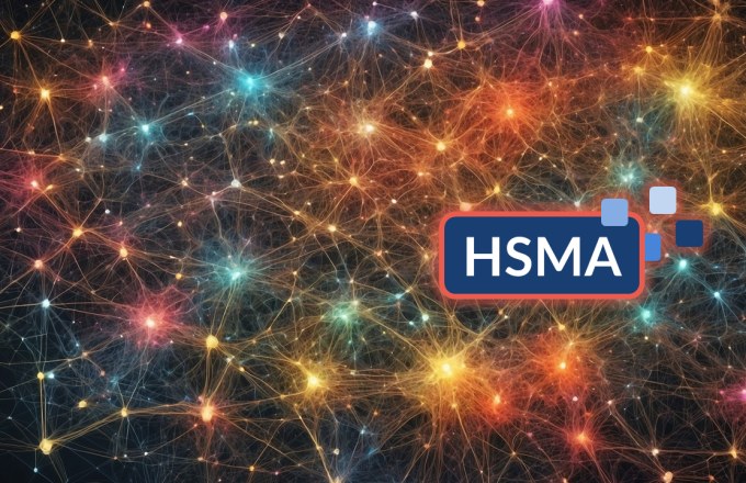 Abstract representation of data using colour neurones. In the centre a simple navy blue logo stating: HSMA.