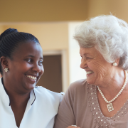 Smiling home caregiver and senior woman walking together