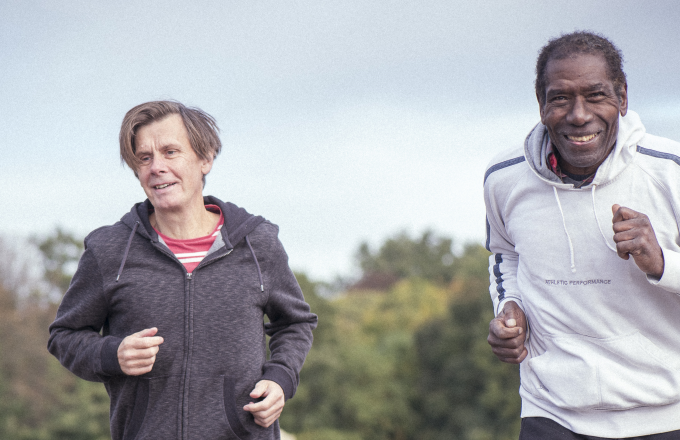active healthy ageing two men jogging