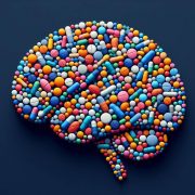 Stylised image of a brain made out of medicines, navy background
