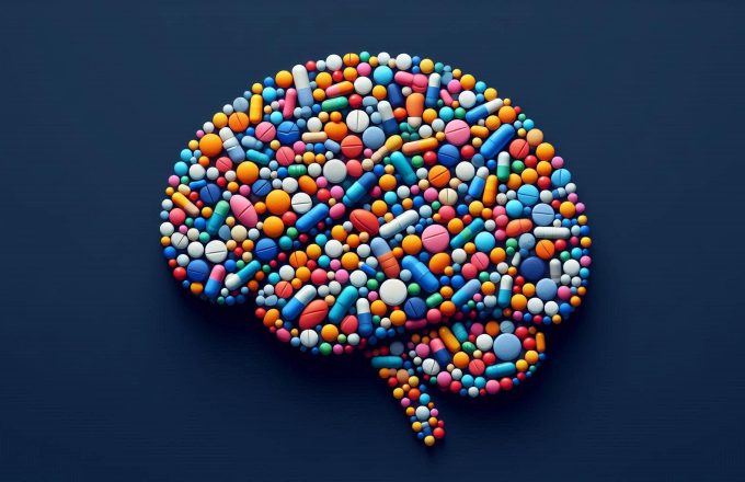 Stylised image of a brain made out of medicines, navy background