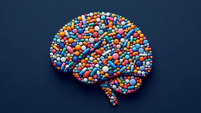 Stylised image of a brain made out of medicines, navy background