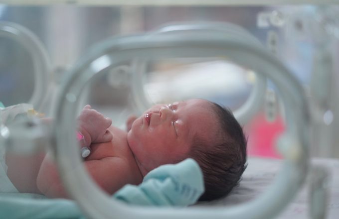 A premature baby sleeps in an incubator in hospital